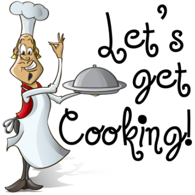 Picture of a cartoon chef thats says let's get cooking