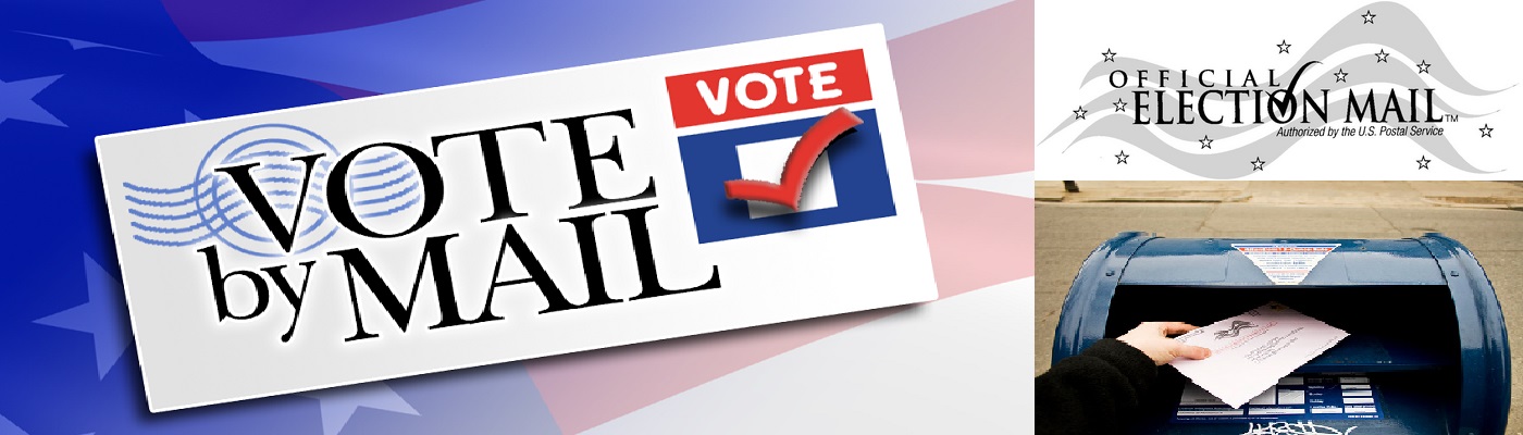 Vote by mail banner, mailbox and Official Election Mail Logo.