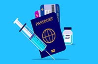 graphic of passport, syringe, vaccine